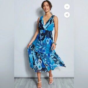 100% Silk Dress Tropical Blue Floral Midi Size 6 V Neck Modest Tiered Feminine